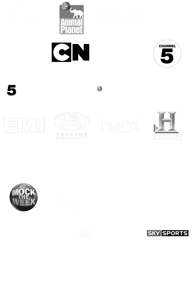 Clients and credits logos, including EMI, MTV, BBC 1, 2 and BBC Radio 1, Channel 4 and E4, National Geographic, ITV, Sky Sports, Cartoon Network and Comedy Central